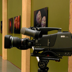 The set of the TV series "Check Please !" at WTTW in Chicago. Shows a HDTV camera with fotoflōts in the background. fotoflōt displays images without picture frames, glass, mattes, glare, or reflection. Images float off the wall or desk and are held in place with magnets. fotoflōt can be used for photo display and to create photo collages, photo walls, diptychs and triptychs. fotoflōts can be created directly from images at Picasa, Kodak Gallery, SmugMug, Zenfolio, ACDSee and other online services.